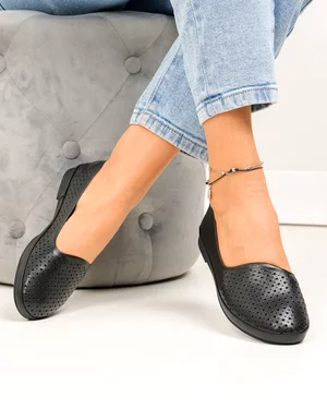 Balerini dama piele naturala negri perforati cu talpa flexibila JY3763