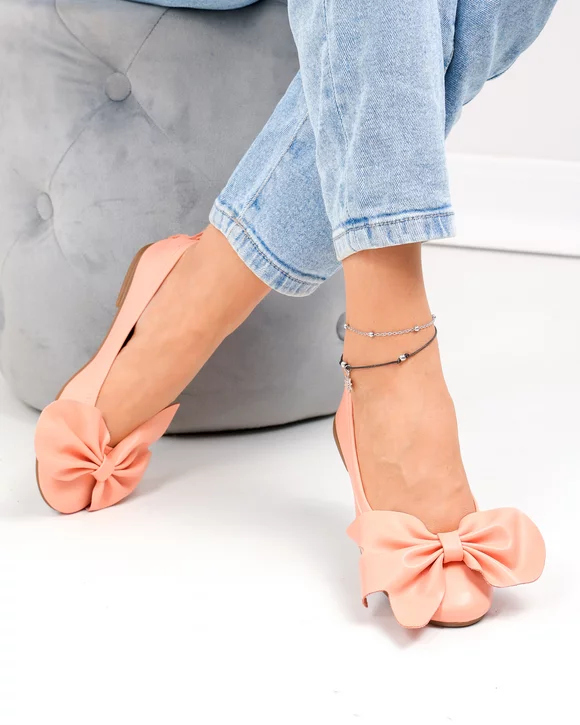 Balerini dama piele naturala portocaliu deschis cu fundita asimetrica aplicata PCB203