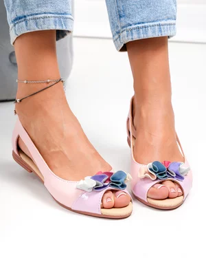 Balerini dama piele naturala roz cu model decupat si detalii multicolore PCB204