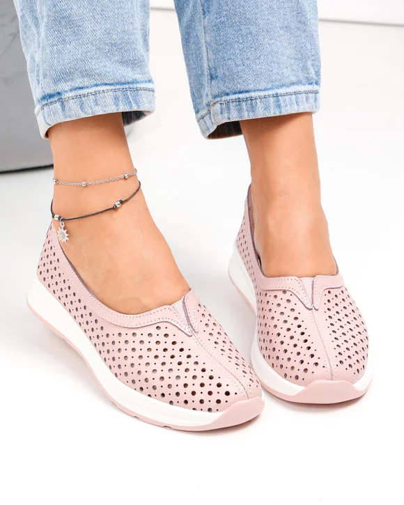 Balerini dama piele naturala roz perforati cu talpa flexibila T-9003