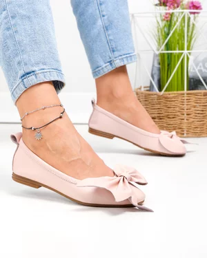 Balerini dama piele naturala roz pudra cu fundita asimetrica si talpa flexibila PCB203