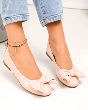 Balerini dama piele naturala roz pudra cu fundita deschisa aplicata PCB202