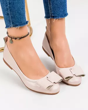 Balerini dama piele naturala roz sidef cu talpa flexibila si fundita BA003