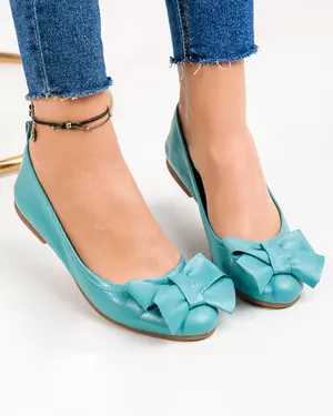 Balerini dama piele naturala turcoaz cu fundita aplicata BA004