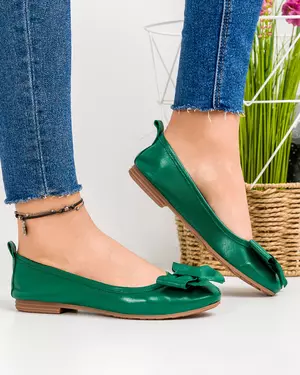 Balerini dama piele naturala verde inchis cu fundita si talpa flexibila BA004
