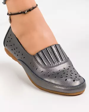 Balerini Perforati Cu Model Taiat Pewter Piele Naturala VK2052-4
