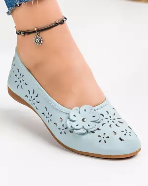Balerini Piele Naturala Cu Model Perforat Si Floare Aplicata Albastri VK2014-20