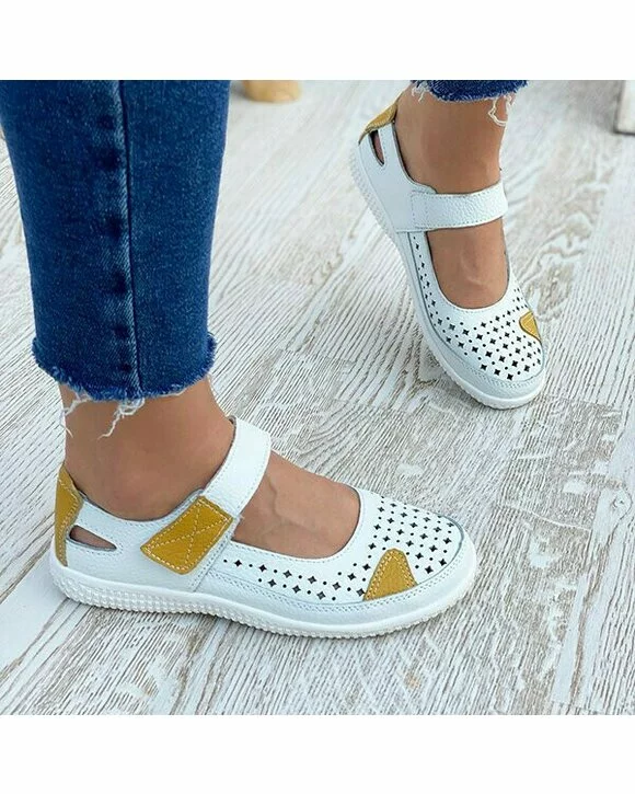 Balerini Piele Naturala Emily Alb si Mustar