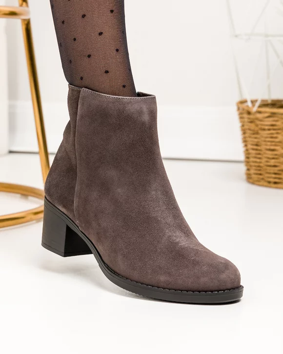 Botine dama piele naturala intoarsa gri cu toc gros si inchidere fermoar GALAXY002V