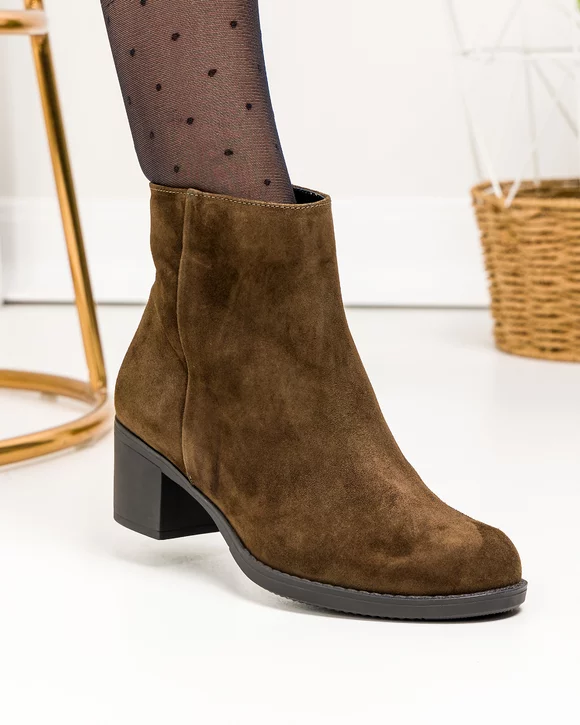 Botine dama piele naturala intoarsa kaki cu inchidere fermoar GALAXY002V