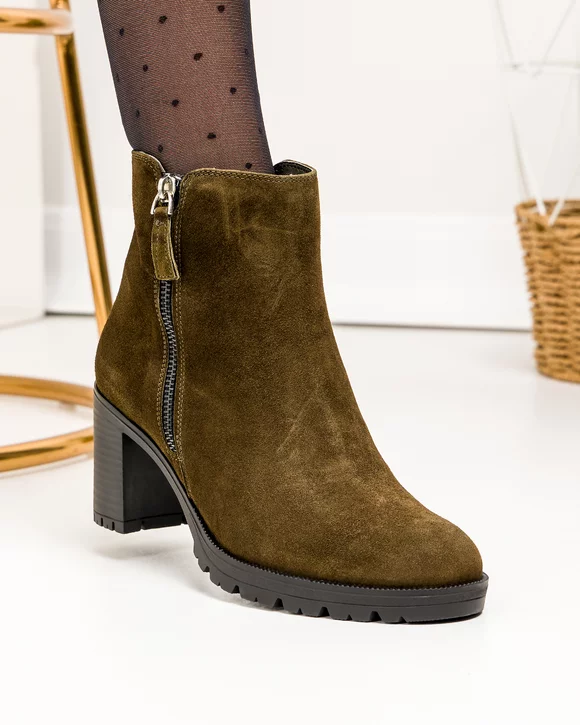 Botine dama piele naturala intoarsa kaki cu toc gros si inchidere fermoar ATHENA32V