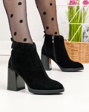 Botine dama piele naturala intoarsa negre cu toc gros si varf ascutit SN5004-1