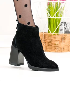 Botine - Botine dama piele naturala intoarsa negre cu toc gros si varf ascutit SN5004-1