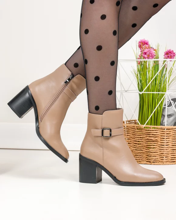 Botine - Botine dama piele naturala kaki cu toc gros si inchidere fermoar SN5002-2