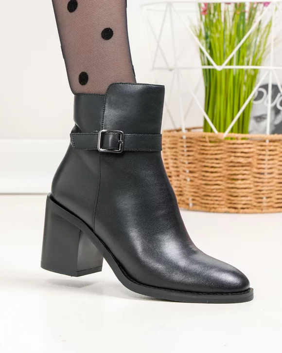 Botine dama piele naturala negre cu toc gros captusite SN5002