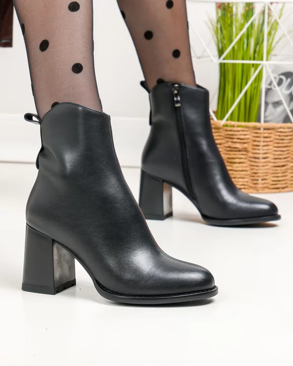 Botine dama piele naturala negre cu toc gros si inchidere fermoar SN5005