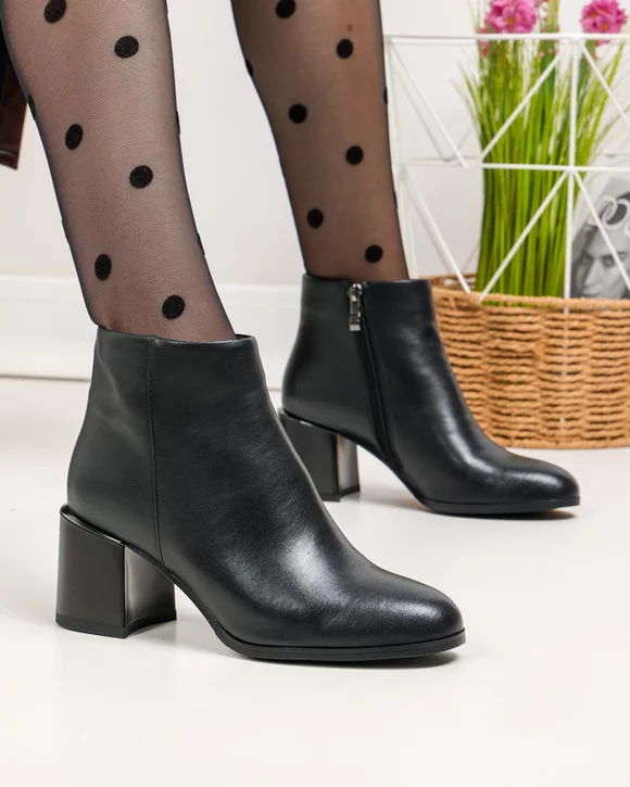 Botine - Botine dama piele naturala negre cu toc gros SN5015