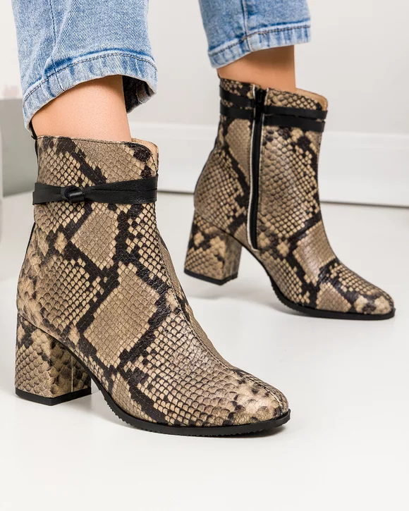 Botine dama piele naturala print sarpe cu toc gros cu inchidere fermoar WIZ51