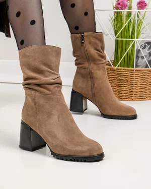 Cizme dama piele naturala intoarsa kaki cu inchidere fermoar si toc gros  TN6430-1