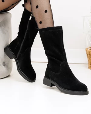 Cizme dama piele naturala intoarsa negre cu inchidere fermoar TN6432