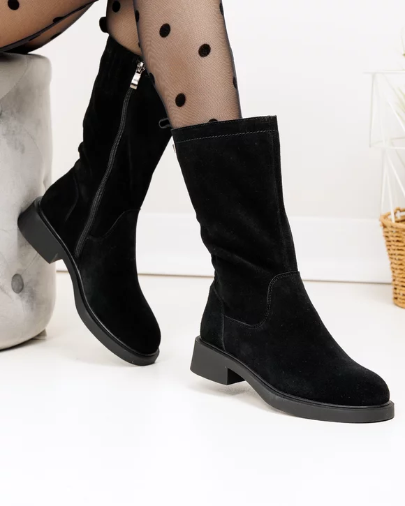 Cizme dama piele naturala intoarsa negre cu inchidere fermoar TN6432