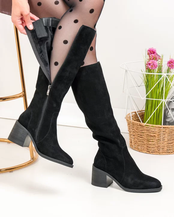 Cizme - Cizme dama piele naturala intoarsa negre cu toc gros si inchidere fermoar SN5008-1