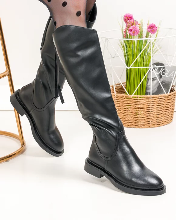 Cizme - Cizme dama piele naturala negre cu inchidere fermoar la spate SN5007