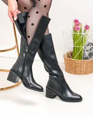 Cizme - Cizme dama piele naturala negre cu toc gros captusite  SN5008