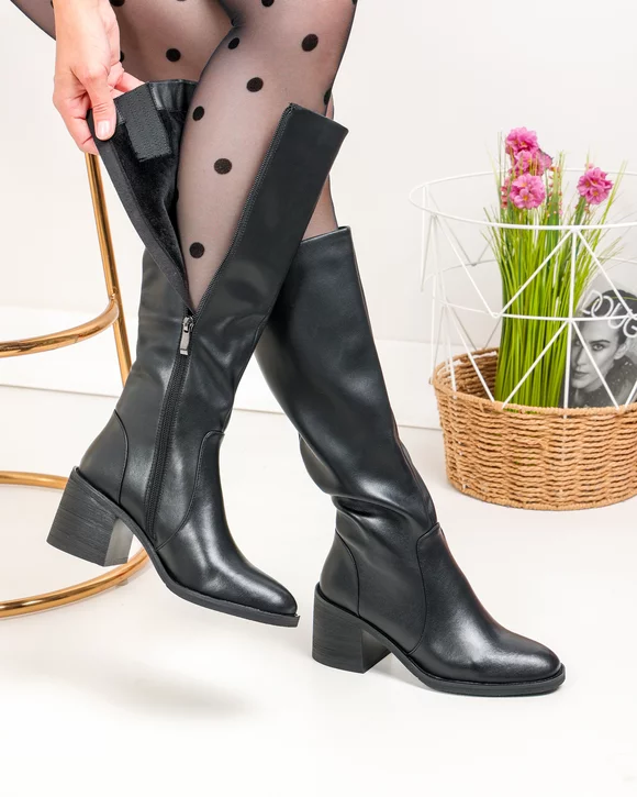 Cizme - Cizme dama piele naturala negre cu toc gros captusite  SN5008