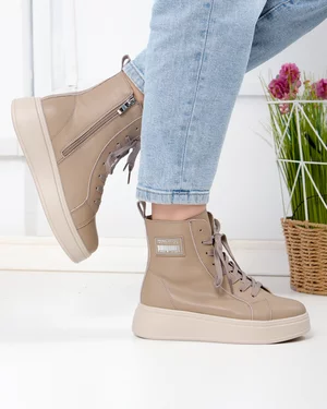 Ghete - Ghete captusite dama piele naturala kaki cu inchdere fermoar F001-886