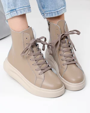 Ghete captusite dama piele naturala kaki cu talpa bej AW458