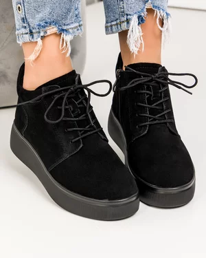 Ghete captusite piele naturala intoarsa negre cu inchidere siret si fermoar T-5106