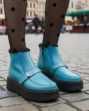 Ghete - Ghete dama piele naturala albastre imblanite cu inchidere fermoar si insertie elastica T6078