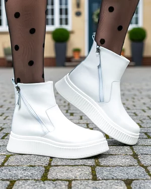 Ghete - Ghete dama piele naturala albe captusite cu inchidere fermoar T7007