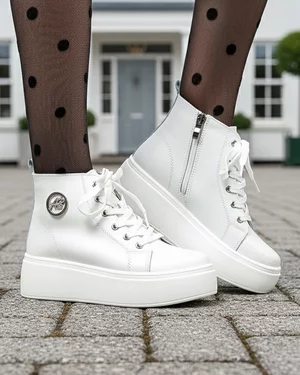 Ghete - Ghete dama piele naturala albe cu inchidere fermoar imblanite T7022