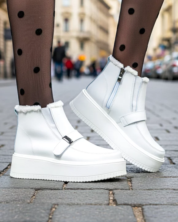 Ghete dama piele naturala albe imblanite cu insertie elastica si inchidere fermoar T6078