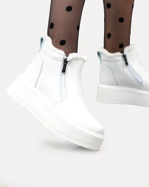 Ghete dama piele naturala albe imblanite cu talpa groasa si inchidere fermoar T7008