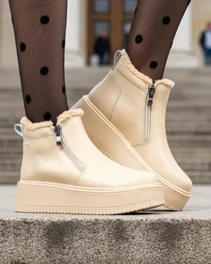 Ghete - Ghete dama piele naturala bej cu dublu fermoar si talpa groasa T7008