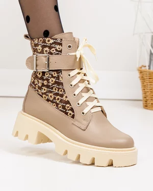 Ghete dama piele naturala bej cu pictura florala PCI066