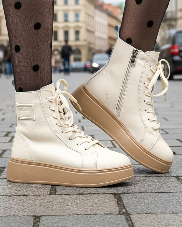 Ghete dama piele naturala bej cu talpa maro captusite F001-886