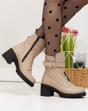 Ghete dama piele naturala bej cu toc gros si insertie elastica frontala PCI660