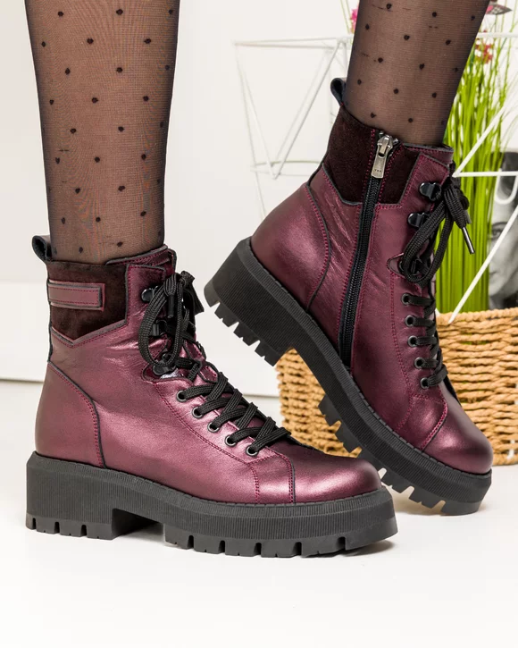 Ghete dama piele naturala bordo sidef cu piele naturala intoarsa neagra FLORIDA143
