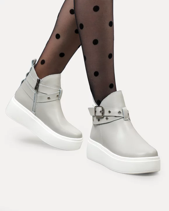 Ghete dama piele naturala gri captusite cu inchidere fermoar T7000