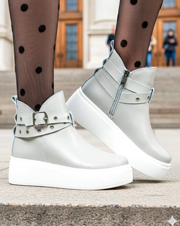 Ghete dama piele naturala gri captusite cu inchidere fermoar T7000