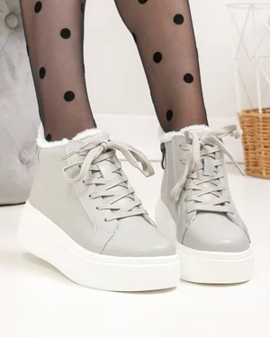 Ghete - Ghete dama piele naturala imblanite gri cu talpa groasa T7020