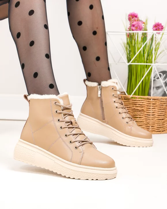Ghete dama piele naturala imblanite kaki cu inchidere sireturi si fermoar F002-409