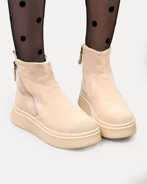 Ghete dama piele naturala intoarsa bej cu dublu fermoar T7007