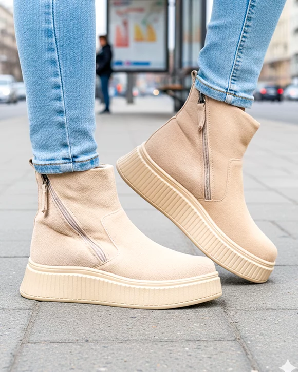 Ghete dama piele naturala intoarsa bej cu dublu fermoar T7007