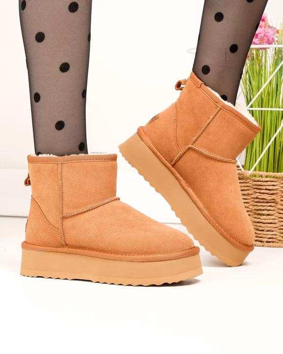 Ghete dama piele naturala intoarsa camel imblanite DS-4134