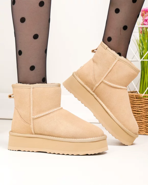 Ghete dama piele naturala intoarsa imblanite bej cu inchidere slip-on DS-4134